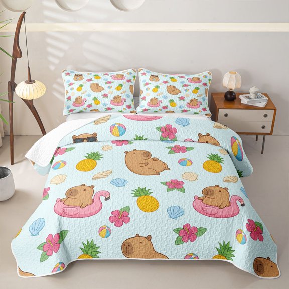 Manfei Kawaii Capybara Bed Spread Queen,Cute Pineapples Print Queen Coverlet Set,Blue,3-Piece