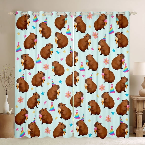 Manfei Kawaii Capybara Blackout Curtains Set of 2 (52x84 Each) for Preppy Child,Happy Birthday Window Curtains,Cartoon Animal Wildlife Curtains and Drapes,Lightweight Room Decor