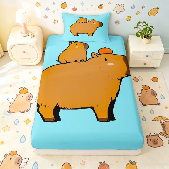 Manfei Kawaii Capybara Family Twin Fitted Sheet, Cute Animal Bedding, Light Blue, 2pcs, 1 Fitted Sheet and 1 Pillowcase