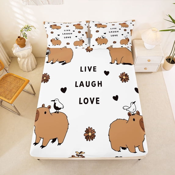 Manfei Kawaii Capybara Fitted Sheet Queen, Rustic Groovy Flower Bedding, White Khaki, 3pcs, 1 Fitted Sheet and 2 Pillowcases