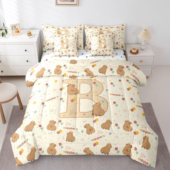 Manfei Kawaii Capybara Print 7 Pieces Full Size Bedding Sets,Pretty Monogrammed B Full Size Bed in a Bag,Yellow,Polkadot Reversible