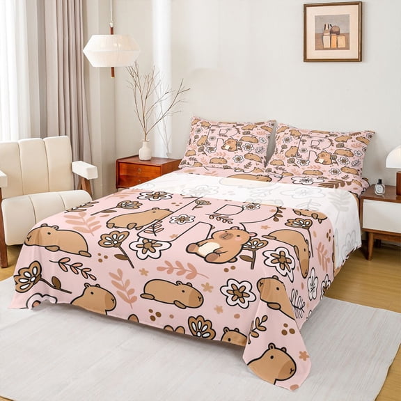 Manfei Kawaii Capybara Queen Sheets,Lovely Monogram R Queen Sheet Sets,Pink,4pcs,1 Flat Sheet, 1 Fitted Sheet and 2 Pillowcases
