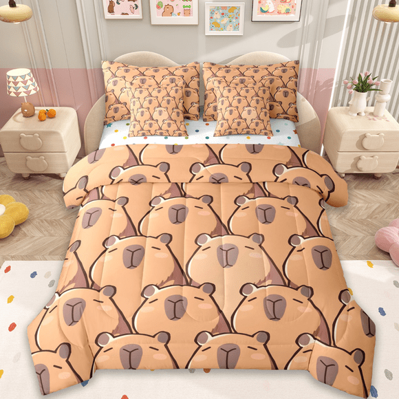 Manfei Kawaii Capybara Twin Bedding Sets 7-Piece,Capybara Lovers Bedding Comforter Set,Cartoon Animals Lovers Sheet Sets For Boys Girls,,Microfiber Bedroom Decor,Reversible