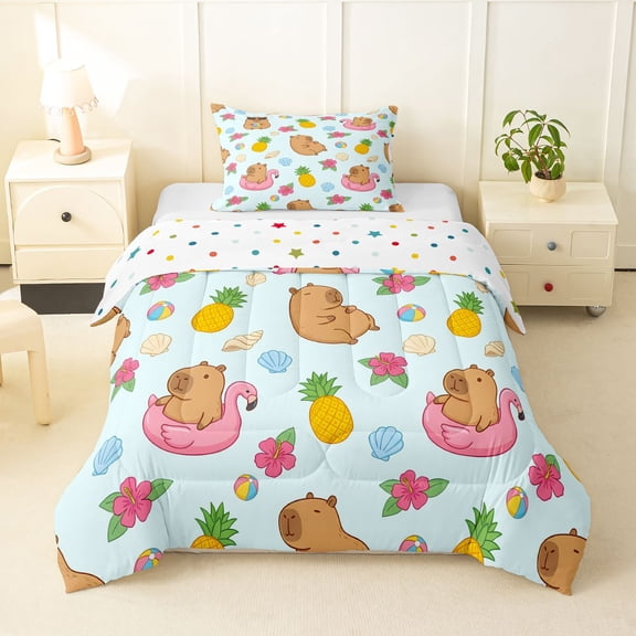 Manfei Kawaii Capybara Twin Comforter Sets,Cute Pineapples Print Bedding Set,Blue,Polkadot Reversible,2 Pieces,1 Comforter and 1 Pillowcase