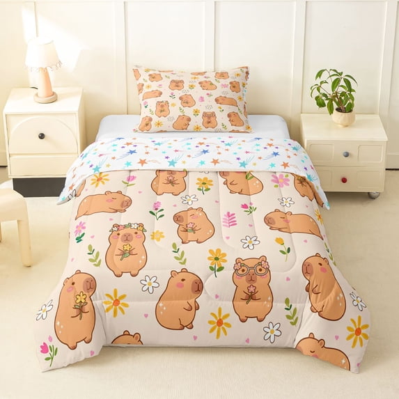 Manfei Kawaii Capybara Twin Comforter Sets,Pretty Floral Bedding Set,Beige,Colorful Stars Reversible,2-Piece,1 Comforter and 1 Pillowcase