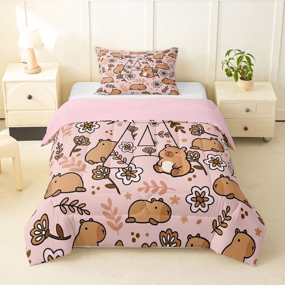 Manfei Kawaii Capybara Twin Comforter Sets,Pretty Letter A Bedding Set,Pink,Pink Reversible,2 Pieces,1 Comforter and 1 Pillowcase
