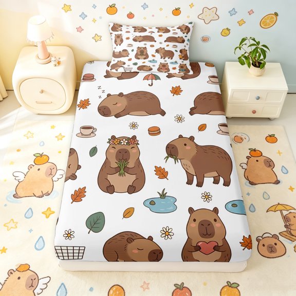 Manfei Kawaii Capybara Twin Fitted Sheet, Cute Animal Bedding, White Brown, 2pcs, 1 Fitted Sheet and 1 Pillowcase