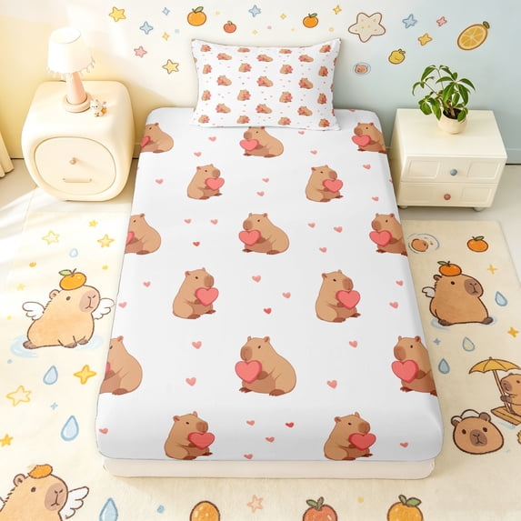 Manfei Kawaii Capybara Twin Fitted Sheet, Romantic Love Heart Bedding, White Tan, 2pcs, 1 Fitted Sheet and 1 Pillowcase