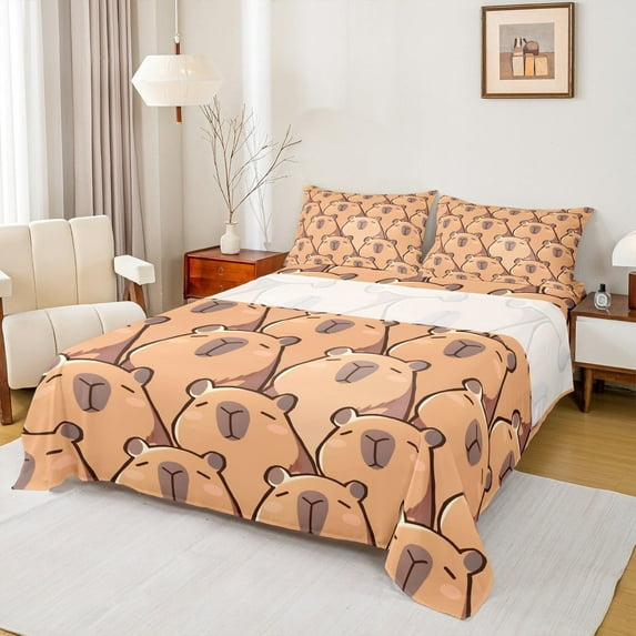 Manfei Kawaii Capybara Twin Sheet Sets,Capybara Lovers Twin Fitted Sheet,Cartoon Animals Lovers Flat Sheet For Boys Girls,,Microfiber Bedroom Decor,3-Piece
