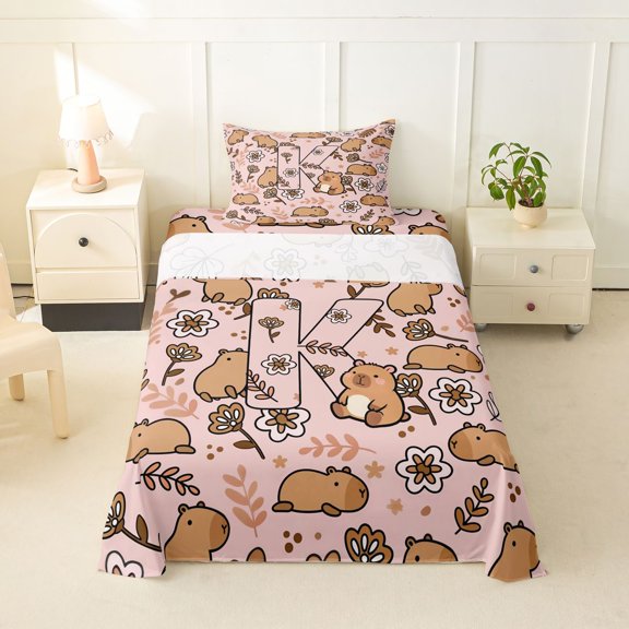 Manfei Kawaii Capybara Twin Sheets,Cute Alphabet K Bedding,Pink,3pcs,1 Fitted Sheet and 1 Pillowcase