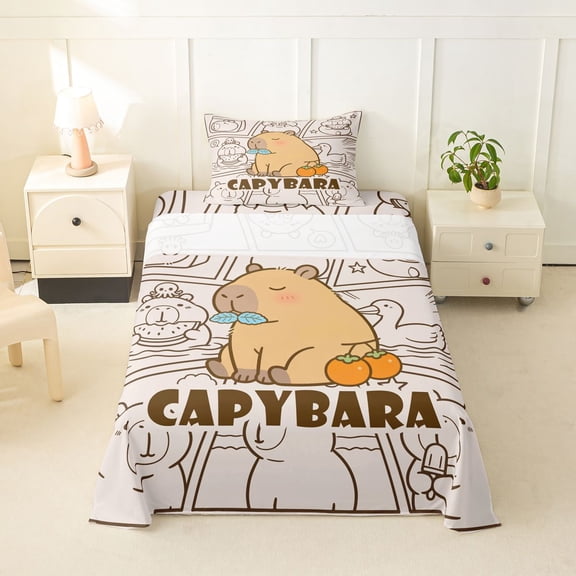 Manfei Kawaii Capybara Twin Sheets,Cute Duck Print Bedding,Beige,3pcs,1 Fitted Sheet and 1 Pillowcase