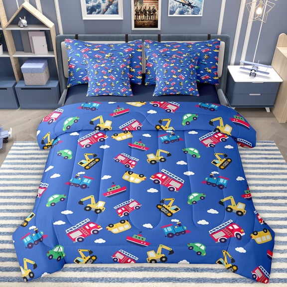 Manfei Kawaii Car Train Bedding Comforter Set 7pcs for Kid, Fire Engine Truck Queen Bedding Sets, Cartoon Vehicle Theme Reversible Queen Sheet Sets, Microfiber Bedroom Decor