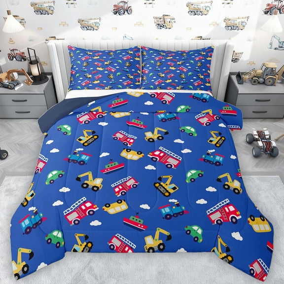 Manfei Kawaii Car Train Bedding Comforter Set for Kid, Fire Engine Truck Twin Comforter Sets, Cartoon Vehicle Theme Reversible Bedding Set, Microfiber Bedroom Decor, 2 Pieces