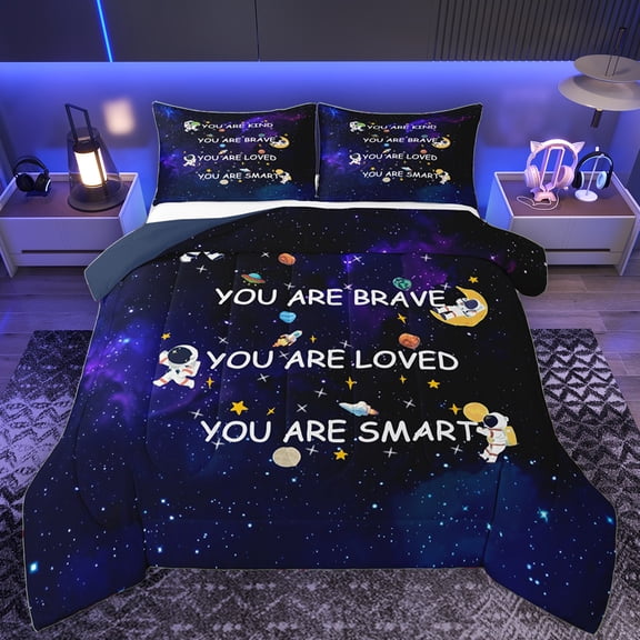 Manfei Kawaii Cartoon Astronaut Bedding Comforter Set, Mystic Outer Space Twin Comforter Sets, Inspirational Words Reversible Bedding Set, Lightweight Room Decor, 2pcs