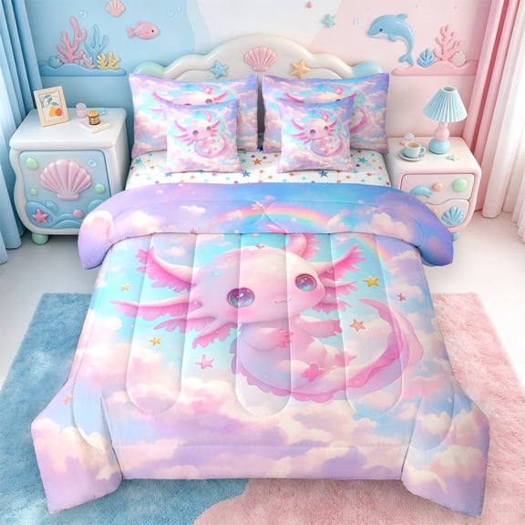 Manfei Kawaii Cartoon Axolotl 7pcs Bedding Comforter Set,Pink Cute Salamander Queen Bedding Sets For Girls,Cartoon Ocean Animal Dreamy Rainbow Queen Sheet Sets,Teens Bed Set Bedroom Decor Reversible