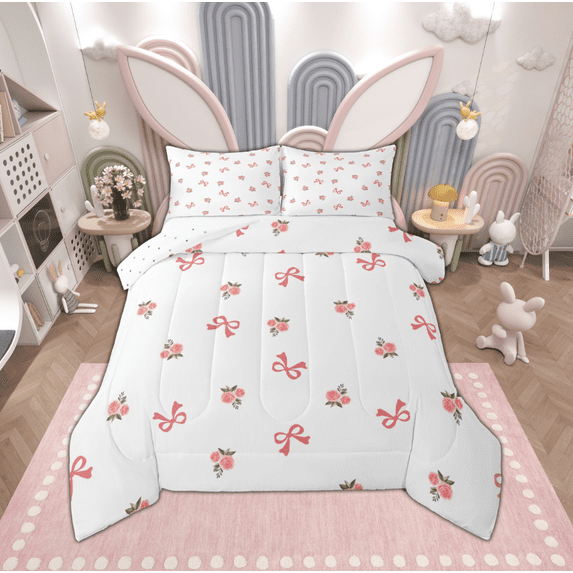 Manfei Kawaii Cartoon Bow Full Size Comforter Sets, Romantic Rose Flower Bedding Comforter Set, Teen Girl Kid Female Reversible Bedding Sets, Lightweight Room Decor, 3pcs