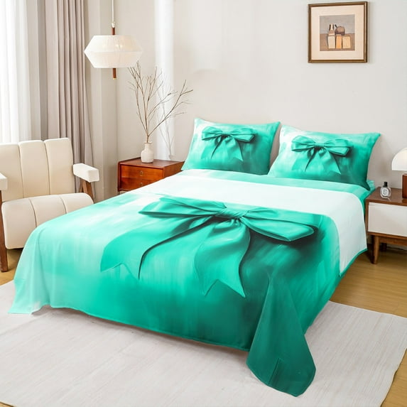 Manfei Kawaii Cartoon Bow-tie Queen Sheet Sets for Kids, Princess Cyan Ribbon Flat Sheet, Fashion Bow Queen Fitted Sheet, Lightweight Room Decor, 4-Piece