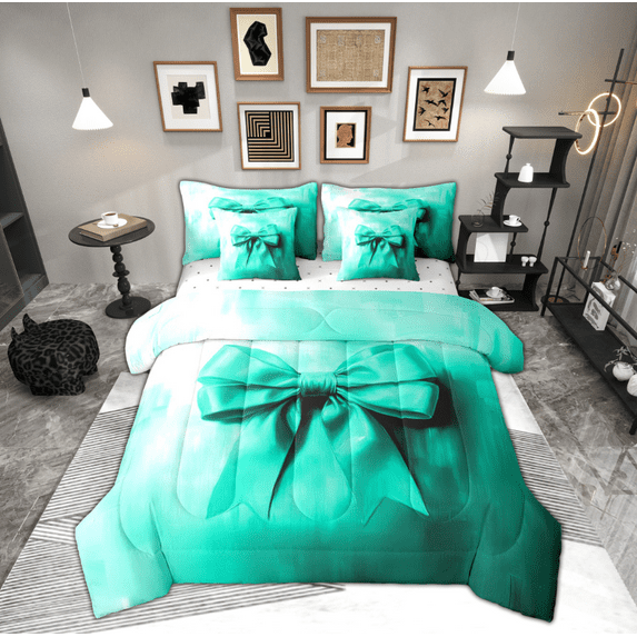 Manfei Kawaii Cartoon Bow-tie Twin Bedding Sets 7-Piece for Kids, Princess Cyan Ribbon Bedding Comforter Set, Fashion Bow Reversible Sheet Sets, Lightweight Room Decor
