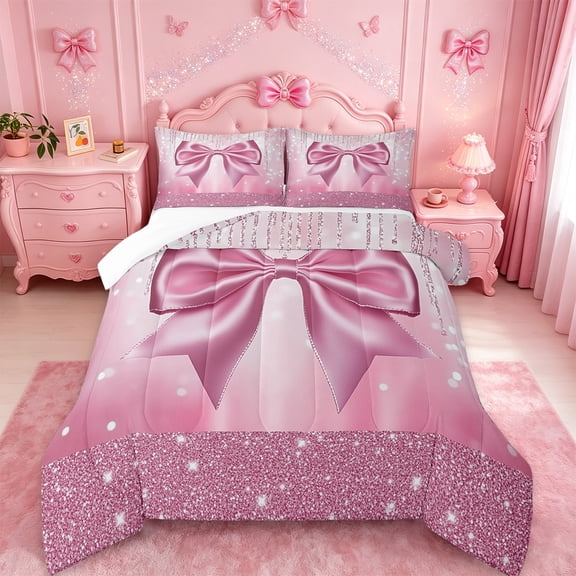 Manfei Kawaii Cartoon Bowtie Queen Comforter Set,Princess Bow Bowknot Bedding Sets,Pink Glitter Print Bedding Comforter Set For Girl Teens,Microfiber Room Decor,3-Piece