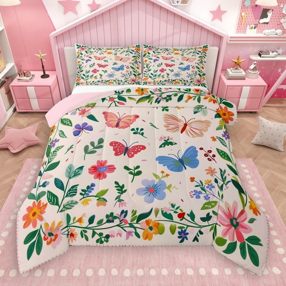 Manfei Kawaii Cartoon Butterflies Bedding Comforter Set,Green Leaves Multicolor Daisy Twin Comforter Sets,Pink Green Bedding Set For Teens Girls,Uper Cozy Room Decor Reversible,2-Piece