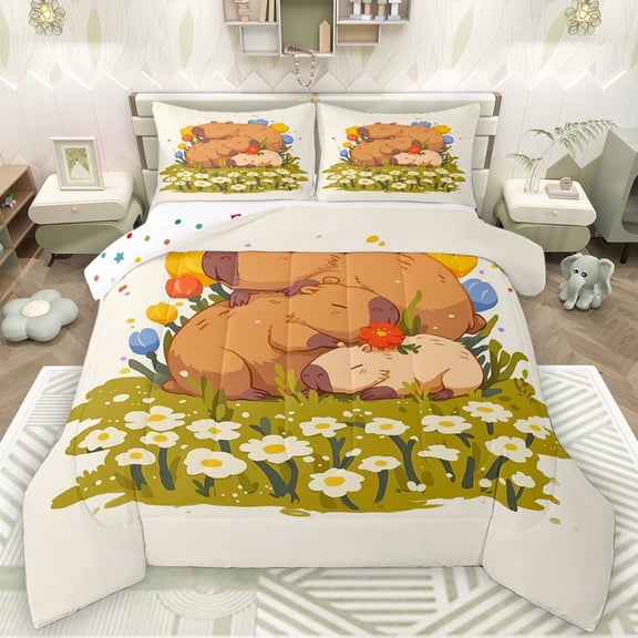 Manfei Kawaii Cartoon Capibara Queen Comforter Set for Kids, Rustic Groovy Floral Bedding Sets, Cute Animal Reversible Bedding Comforter Set, Ultra Soft Bedroom Decor, 3pcs