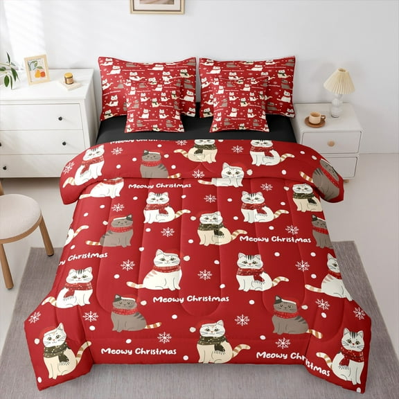 Manfei Kawaii Cartoon Cat 7-Piece Twin Bedding Sets,Pet Kitten Lover Bedding Comforter Set,Merry Xmas Christmas Hat Sheet Sets For Girls Boys,Microfiber Bedroom Decor Reversible