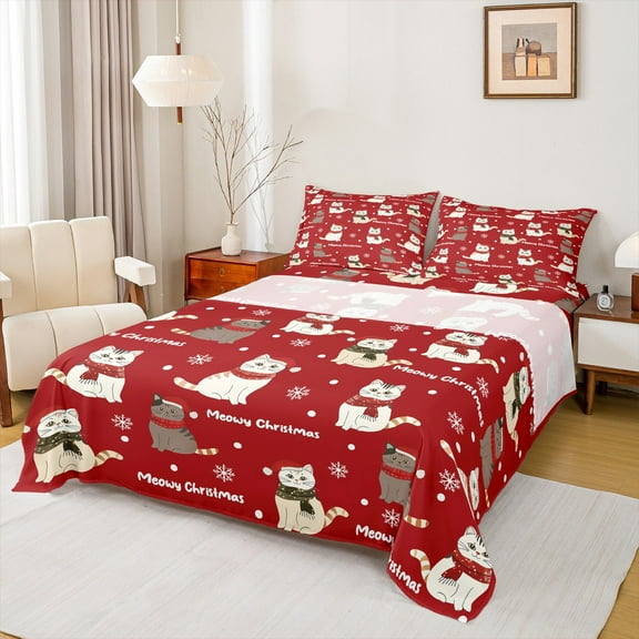 Manfei Kawaii Cartoon Cat Twin Sheet Sets,Pet Kitten Lover Twin Fitted Sheet,Merry Xmas Christmas Hat Flat Sheet For Girls Boys,Microfiber Bedroom Decor,3-Piece