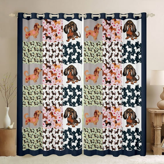 Homewish Kawaii Cartoon Dachshund Black Out Curtains for Kid, Vintage Buffalo Patchwork Curtains Pack of 2 (42x63 Each), Cute Dog Pug Bedroom Curtains, Curtains and Drapes Decor