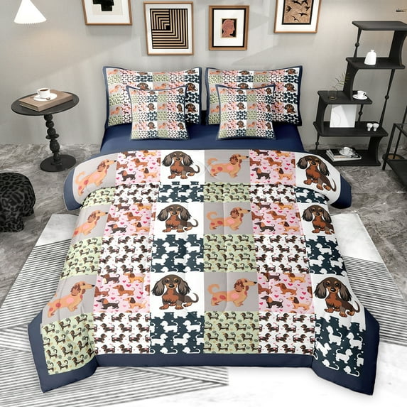 Homewish Kawaii Cartoon Dachshund Twin Bedding Sets 7-Piece for Kid, Vintage Buffalo Patchwork Bedding Comforter Set, Cute Dog Pug Reversible Sheet Sets, Luxury Bedroom Decor