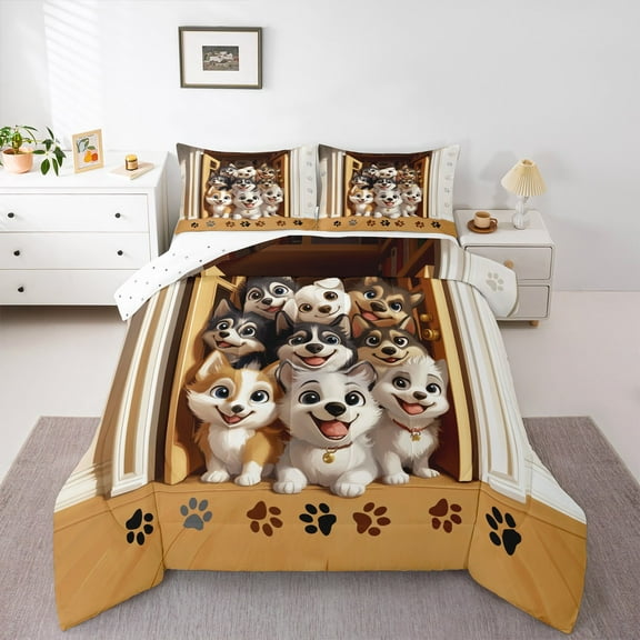 Manfei Kawaii Cartoon Dogs Bedding Comforter Set,Pet Lover Twin Comforter Sets,Puppy Paws Print Bedding Set For Boys Kids,Luxury Bedroom Decor Reversible,2pcs