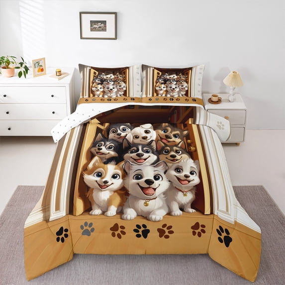 Manfei Kawaii Cartoon Dogs Full Size Comforter Sets,Pet Lover Bedding Comforter Set,Puppy Paws Print Bedding Sets For Boys Kids,Luxury Bedroom Decor Reversible,3-Piece