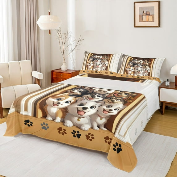 Manfei Kawaii Cartoon Dogs Twin Sheet Sets,Pet Lover Twin Fitted Sheet,Puppy Paws Print Flat Sheet For Boys Kids,Luxury Bedroom Decor,3pcs