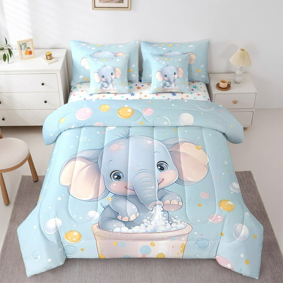 Manfei Kawaii Cartoon Elephant Bedding Comforter Set 7 Pieces,Zoo Animal Full Bedding Set,Colorful Ballon Fitted Sheet Flat Sheet For Child,Ultra Soft Home Decor Reversible