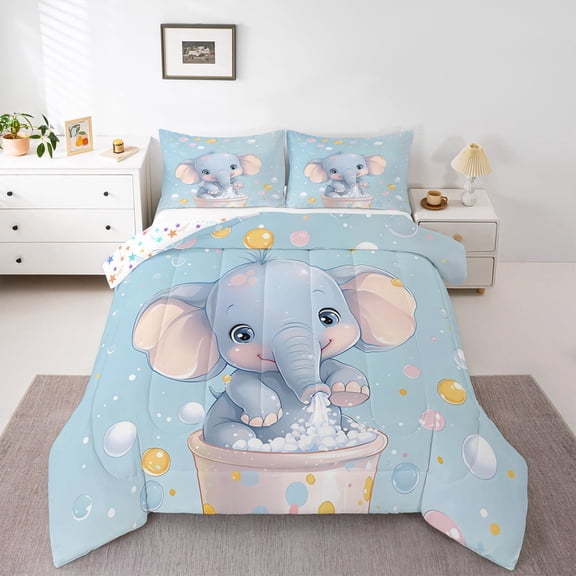 Manfei Kawaii Cartoon Elephant Full Size Comforter Sets,Zoo Animal Bedding Comforter Set,Colorful Ballon Bedding Sets For Child,Ultra Soft Home Decor Reversible,3-Piece