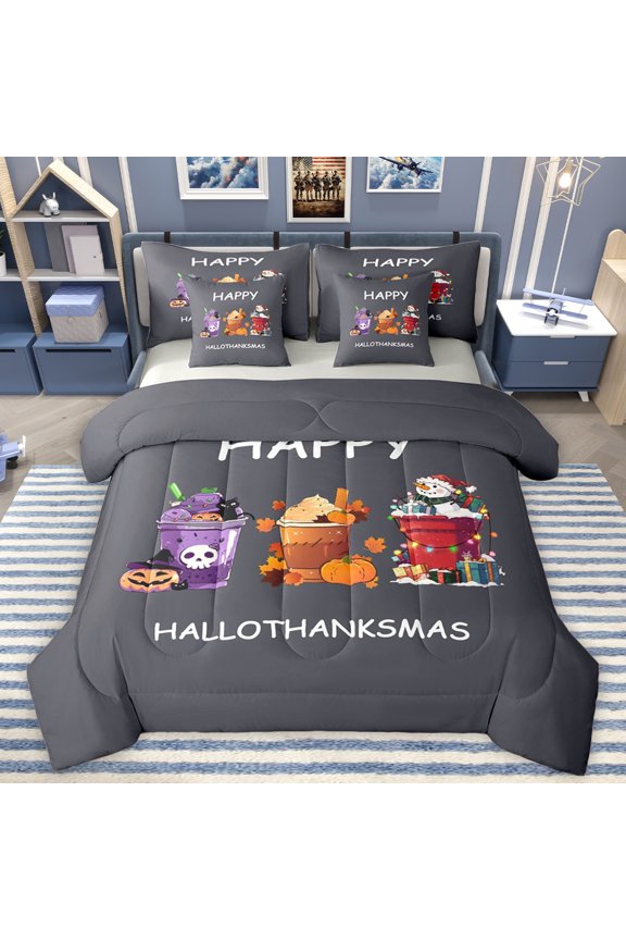 Kawaii Cartoon Festval Bedding Comforter Set 7pcs, Hello Thanks Xmas King Bedding Sets, Teens Kids Boys Girls Reversible Bed Sheets, Super Cozy Room Decor