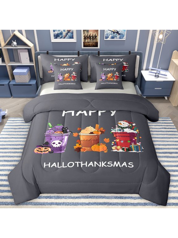 Kawaii Cartoon Festval Twin Bedding Sets 7-Piece, Hello Thanks Xmas Bedding Comforter Set, Teens Kids Boys Girls Reversible Sheet Sets, Super Cozy Room Decor