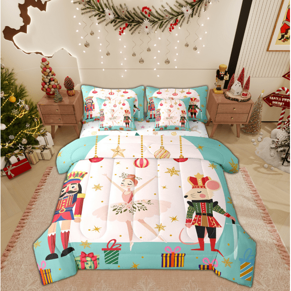 Manfei Kawaii Cartoon Nutcracker Bedding Comforter Set 7-Piece, Christmas Princess King Bedding Sets, Teen Kid Child Reversible Bed Sheets, Lightweight Room Decor