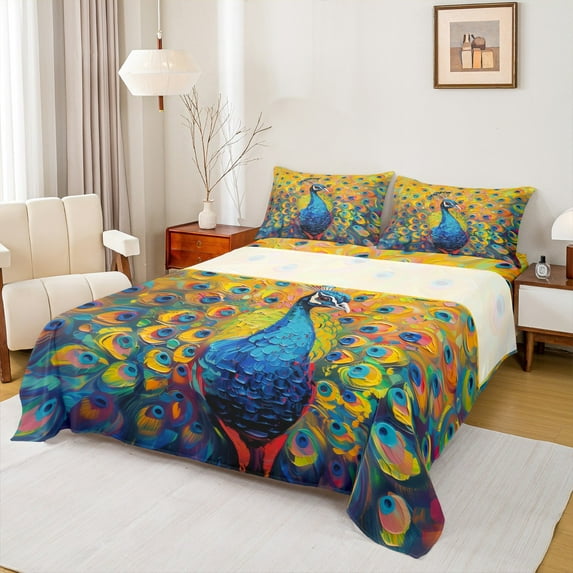 Manfei Kawaii Cartoon Peacock Twin Sheet Sets, Modern Animal Art Twin Fitted Sheet, Teen Kid Child Adult Flat Sheet, Breathable Home Decor, 3pcs