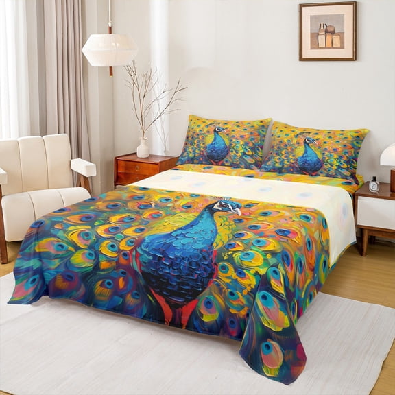 Manfei Kawaii Cartoon Peacock Twin Sheet Sets, Modern Animal Art Twin Fitted Sheet, Teen Kid Child Adult Flat Sheet, Breathable Home Decor, 3pcs