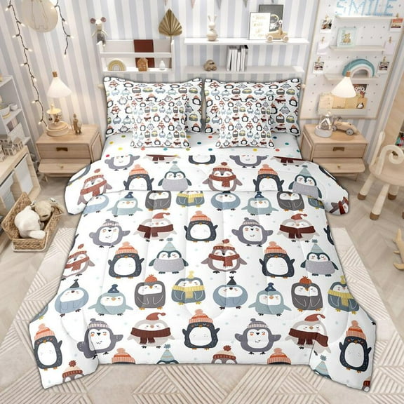 Manfei Kawaii Cartoon Penguin Bedding Comforter Set 7pcs, Cute Wildlife Queen Bedding Sets, Lovely Animal Queen Sheet Sets, Kids Happy New Year Gifts