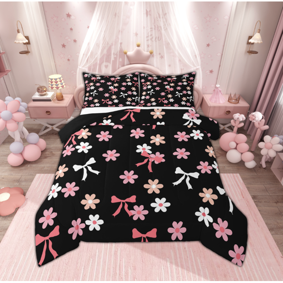 Manfei Kawaii Cartoon Ribbon Queen Comforter Set, Blossoms Flower Floral Bedding Sets, Teens Girls Kids Child Reversible Bedding Comforter Set, Super Cozy Room Decor, 3 Pieces