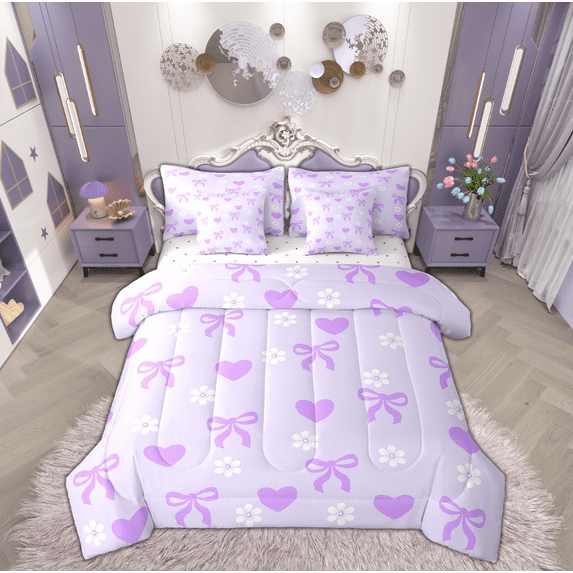 Manfei Kawaii Cartoon Ribbon Twin Bedding Sets 7-Piece, Blossoms Flower Floral Bedding Comforter Set, Teens Girls Kids Child Reversible Sheet Sets, Breathable Home Decor