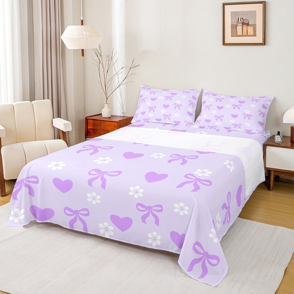 Manfei Kawaii Cartoon Ribbon Twin Sheet Sets, Blossoms Flower Floral Twin Fitted Sheet, Teens Girls Kids Child Flat Sheet, Breathable Home Decor, 3pcs
