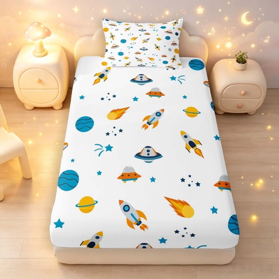 Manfei Kawaii Cartoon Rockets Fitted Sheet Queen,Celestial Planets Bedding,White Blue,3-Piece