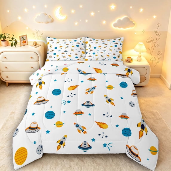 Manfei Kawaii Cartoon Rockets Queen Comforter Set,Celestial Planets Comforter Sets Queen,White Blue,Polkadot Reversible,3-Piece,1 Comforter and 2 Pillowcases