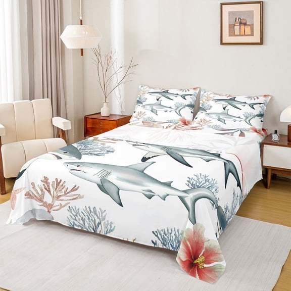 Homewish Kawaii Cartoon Shark Twin Sheet Sets, Cute Marine Animal Sealife Twin Fitted Sheet, Ocean Theme Flat Sheet, Luxury Bedroom Decor, 3pcs