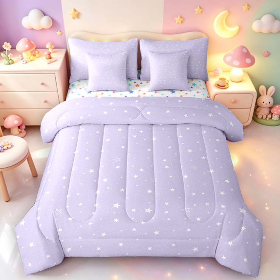 Manfei Kawaii Cartoon Stars 7-Piece King Bedding,Sprinkle Print King Bed in a Bag,Lavender Purple,Colorful Stars Reversible