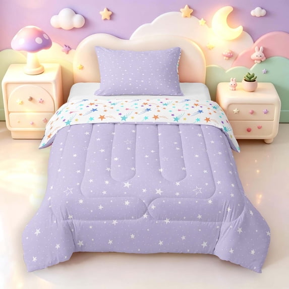 Manfei Kawaii Cartoon Stars Twin Comforter Sets,Sprinkle Print Bedding Set,Lavender Purple,Colorful Stars Reversible,2pcs,1 Comforter and 1 Pillowcase