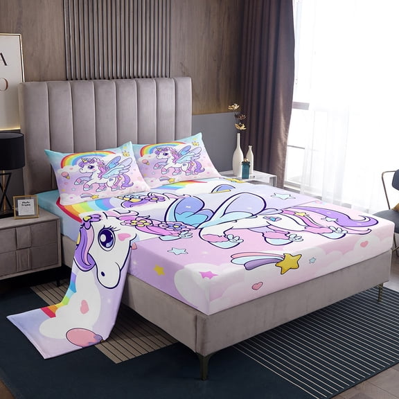 Manfei Kawaii Cartoon Unicorn Bed Sheets,Colorful Unicorn King Sheets,Rainbow Stars Flower Pattern Sheet Set For Girls Kids,Luxury Bedroom Decor,4pcs