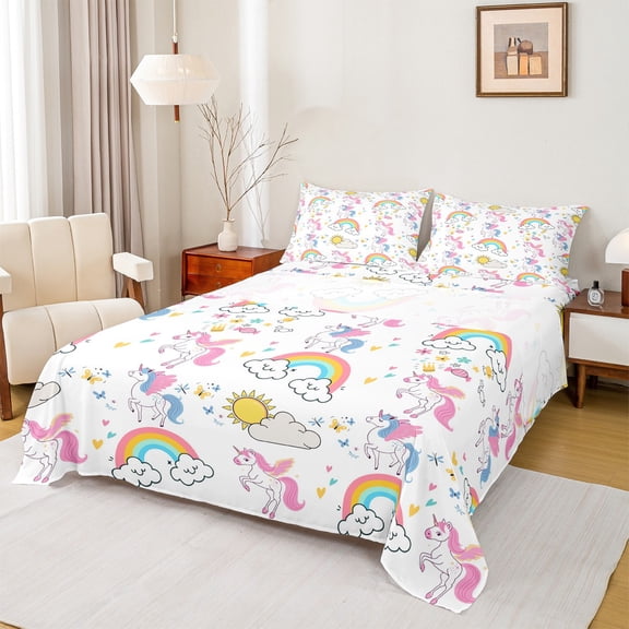 Manfei Kawaii Cartoon Unicorn Bed Sheets for Kids, Dreamy Rainbow Cloud King Sheets, Cute Magic Animal Sheet Set, Luxury Bedroom Decor, 4pcs